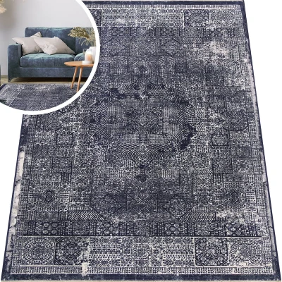 ORIENTALNY DYWAN DO SALONU - ROSSA - GRANATOWY DYWAN VINTAGE DO POKOJU (EA82A grey/green),  80x150 cm